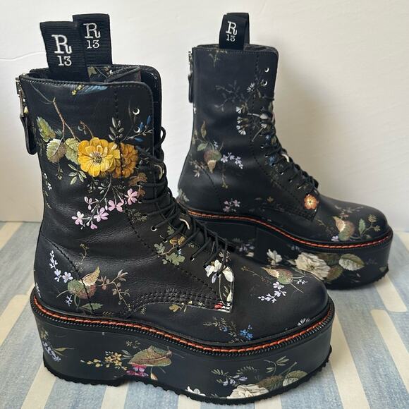 R13 Black Floral Double Stack Platform Lace-Up Boots size US 8 EU 38 - Picture 12 of 13